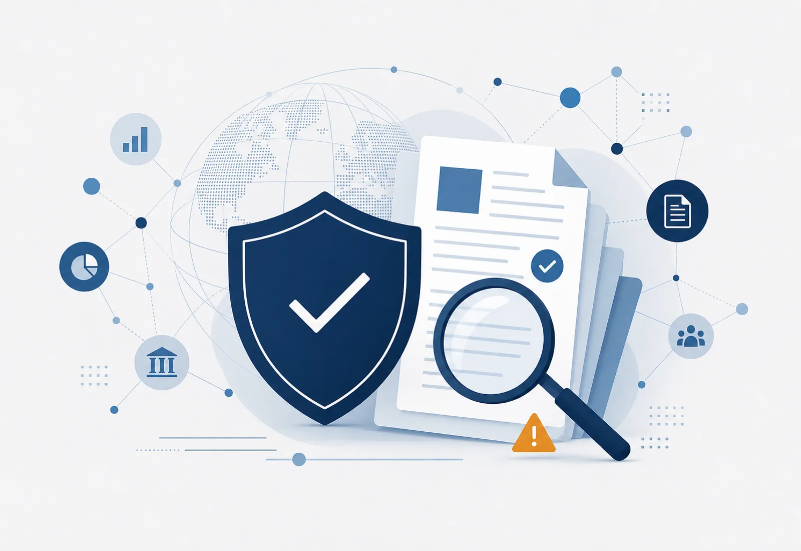 Abstract editorial illustration of fraud research, verification documents, a protective shield and information analysis