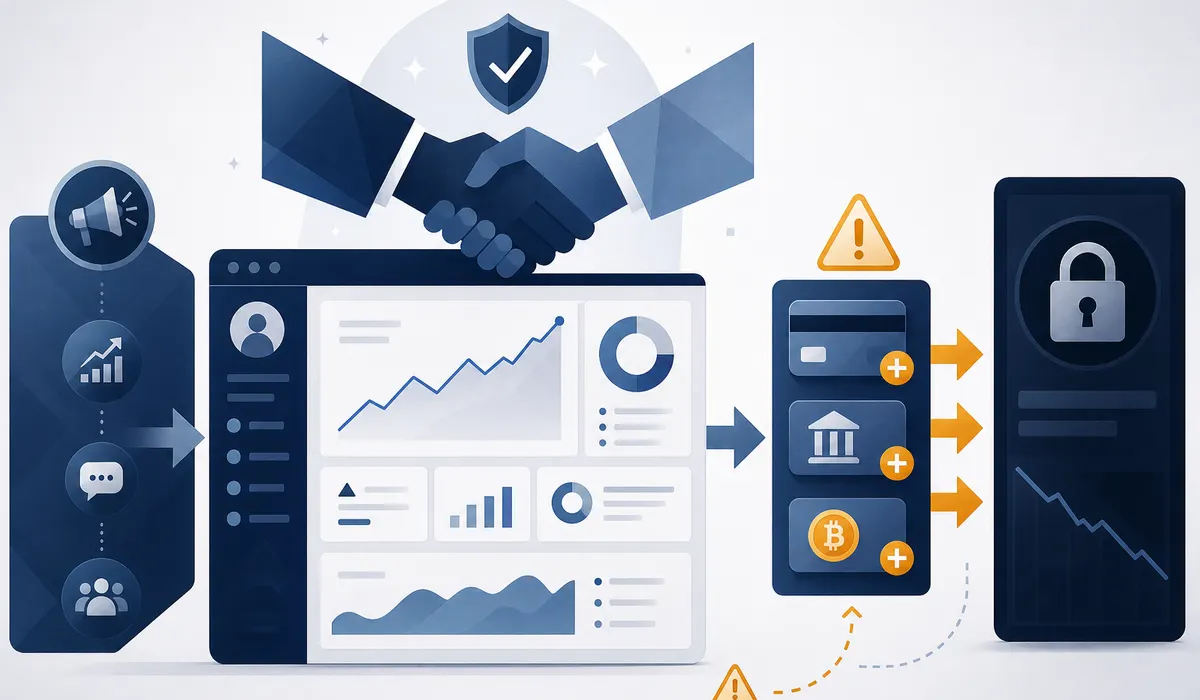 Editorial illustration of tactics associated with investment scam